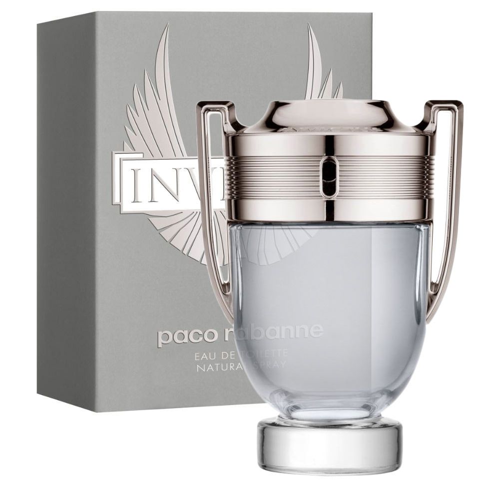 Flacon en verre avec bouchon et poignées argentés. Emballage gris avec inscription "INVICTUS" et motif d'ailes. Logo "paco rabanne".
