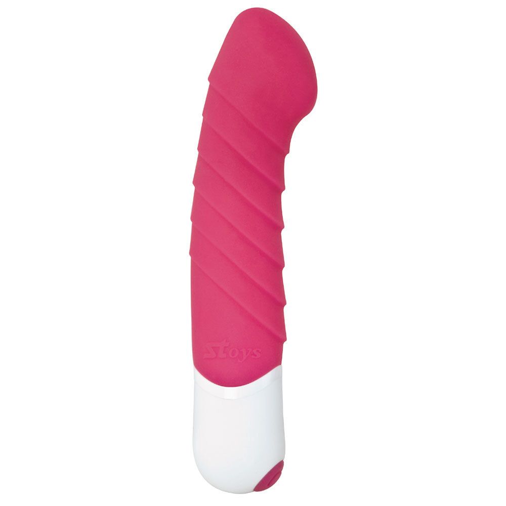 Roze vibrator met geribd oppervlak en witte handgreep.