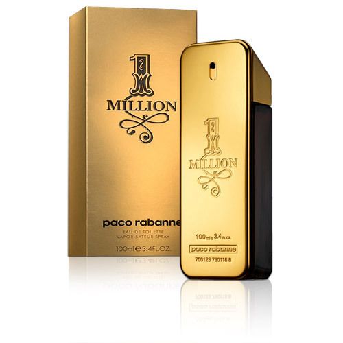 Emballage doré. Inscription: 1 MILLION, paco rabanne. Eau de Toilette.
