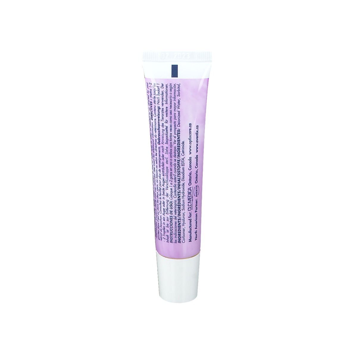 Dos du tube Optixcare Eye Lube Plus. Contient des informations textuelles et des ingrédients.