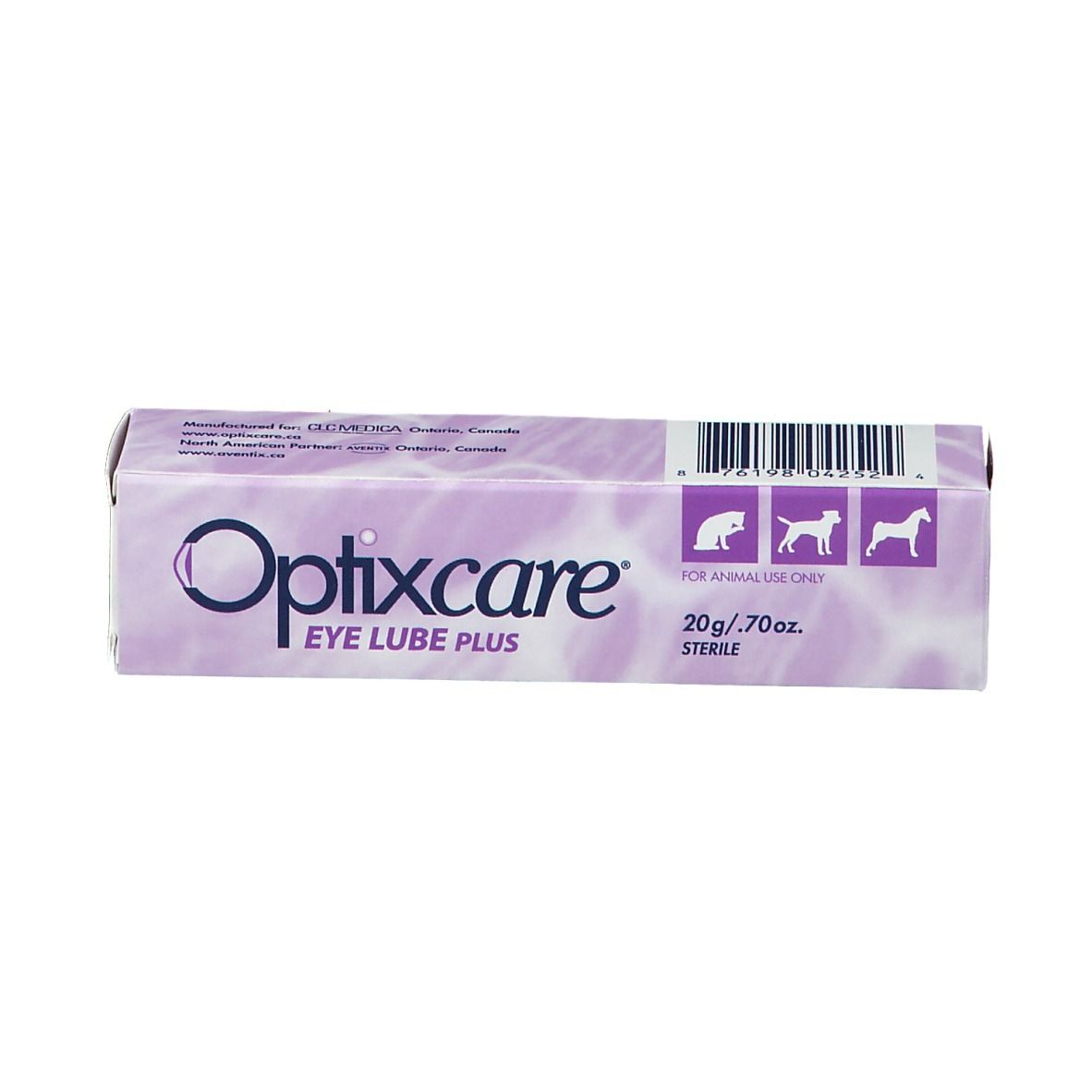 Emballage Optixcare Eye Lube Plus. Boîte lilas avec informations sur le produit et logo.