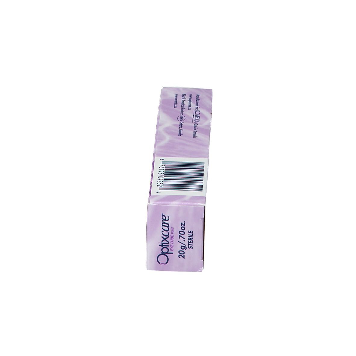 Dessus de l'emballage Optixcare Eye Lube Plus. Code-barres et informations sur le produit.