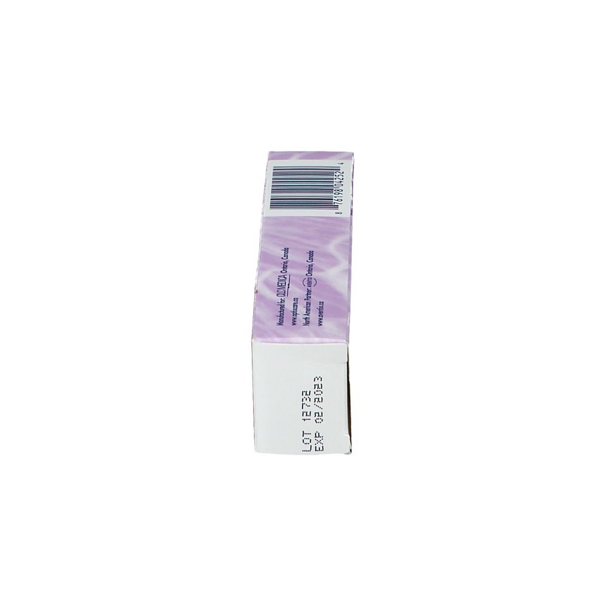 Côté de l'emballage Optixcare Eye Lube Plus. Informations sur le numéro de lot et la date d'expiration.