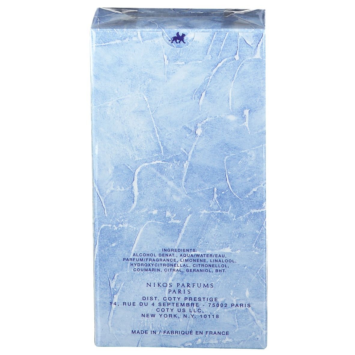 Boîte Nikos Parfums texture glace, bleu et blanc. Contient ingrédients et informations fabricant.