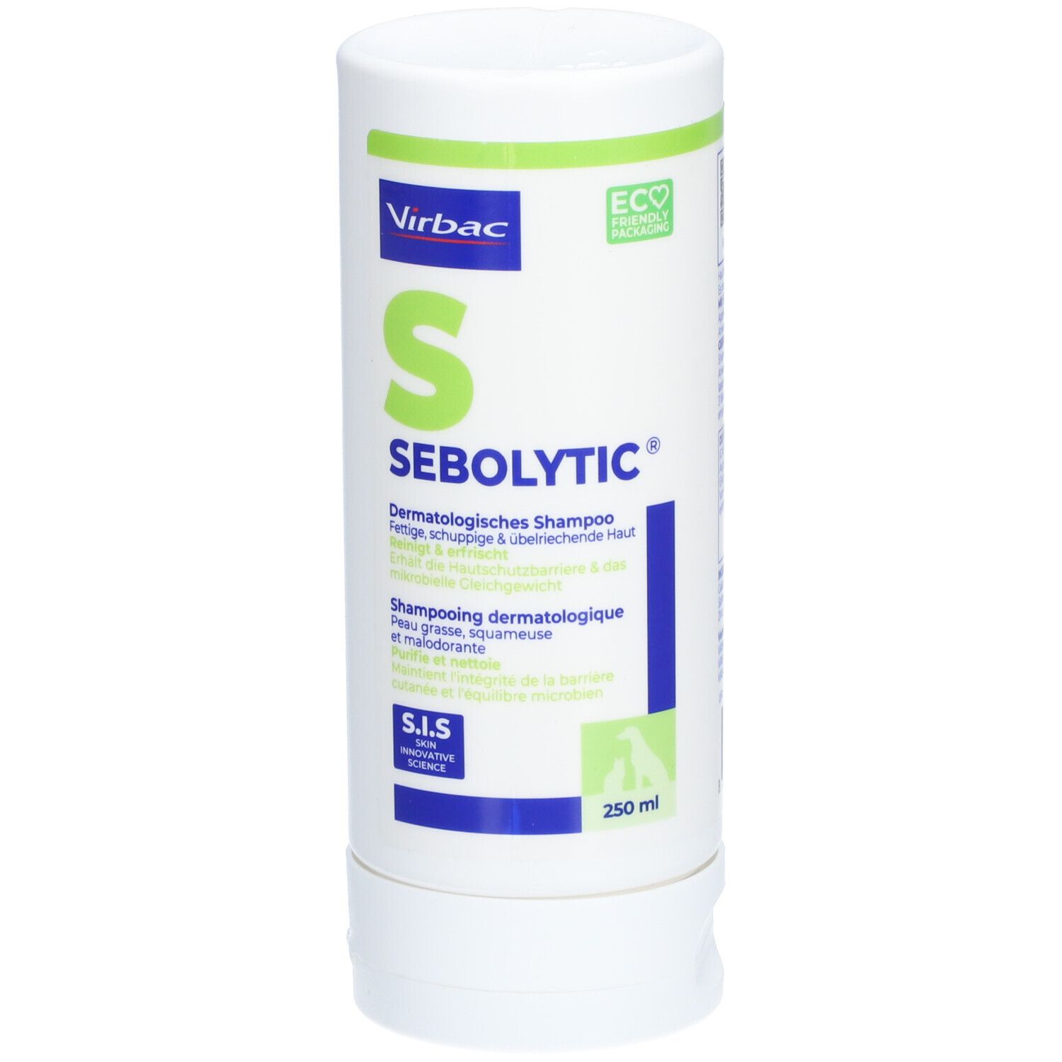 Virbac Sebolytic Shampoo Fles met S-logo en ECO-zegel.