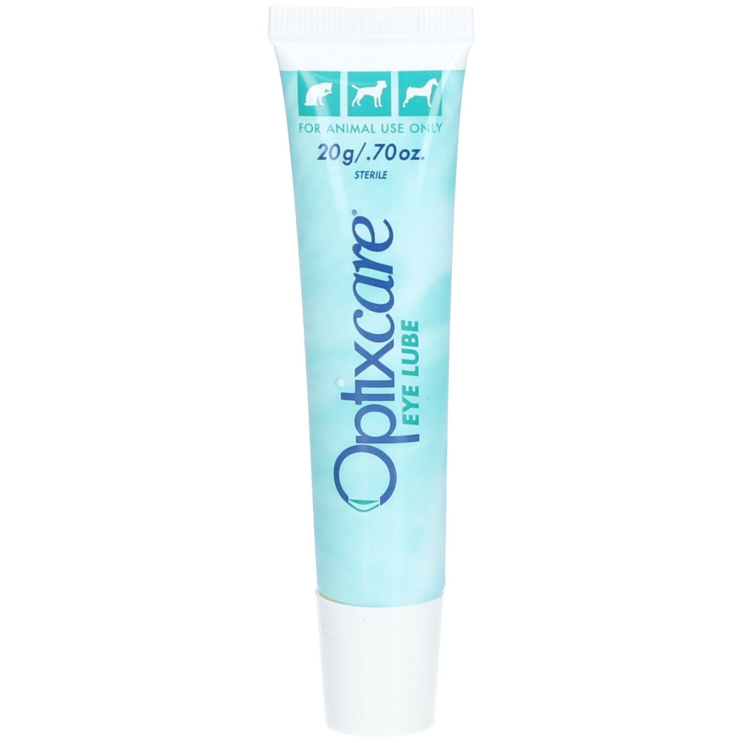 Tube Optixcare EYE LUBE. Bleu clair, bouchon blanc. Inscriptions: Optixcare, EYE LUBE, 20g/.70oz, STERILE. Pour usage animal.