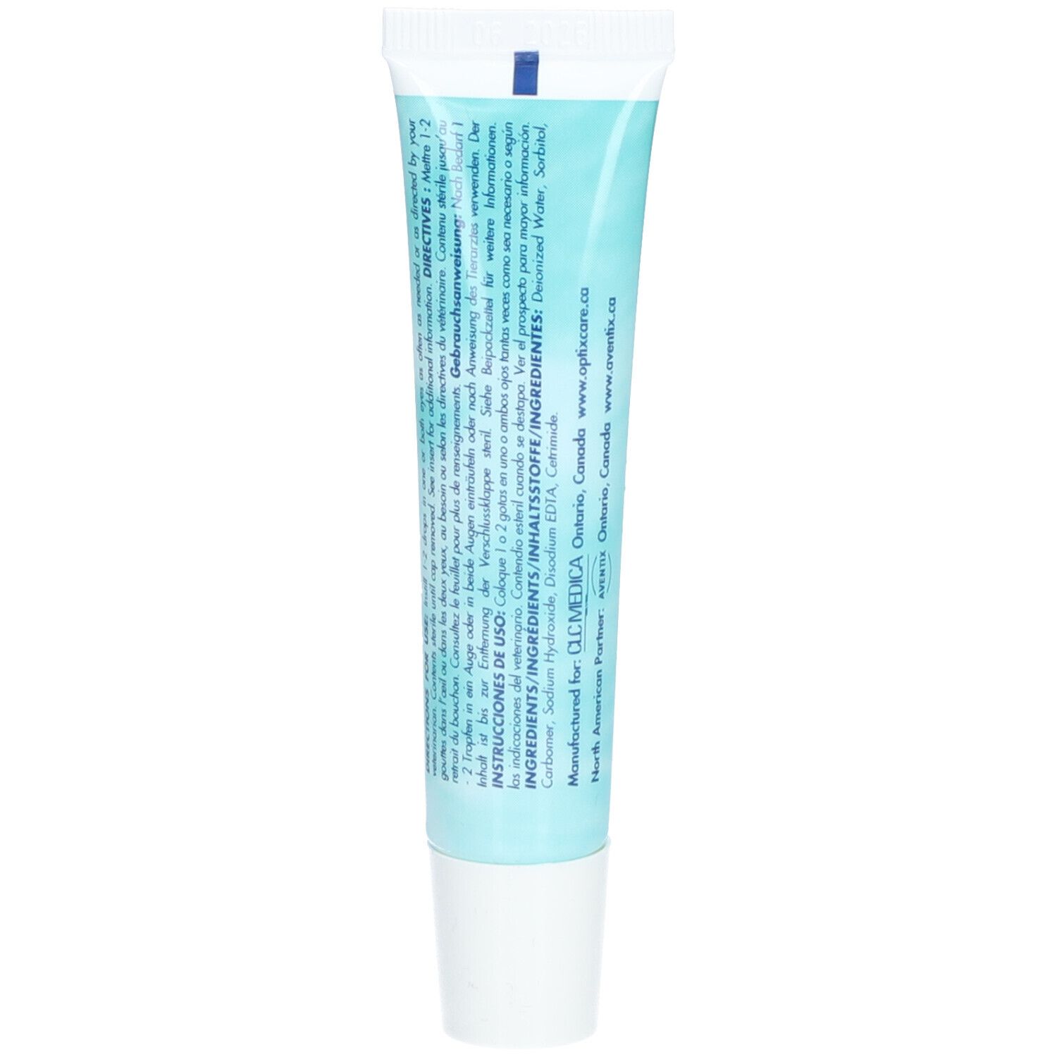Dos du tube Optixcare EYE LUBE. Fond bleu clair. Texte multilingue. Informations du fabricant.