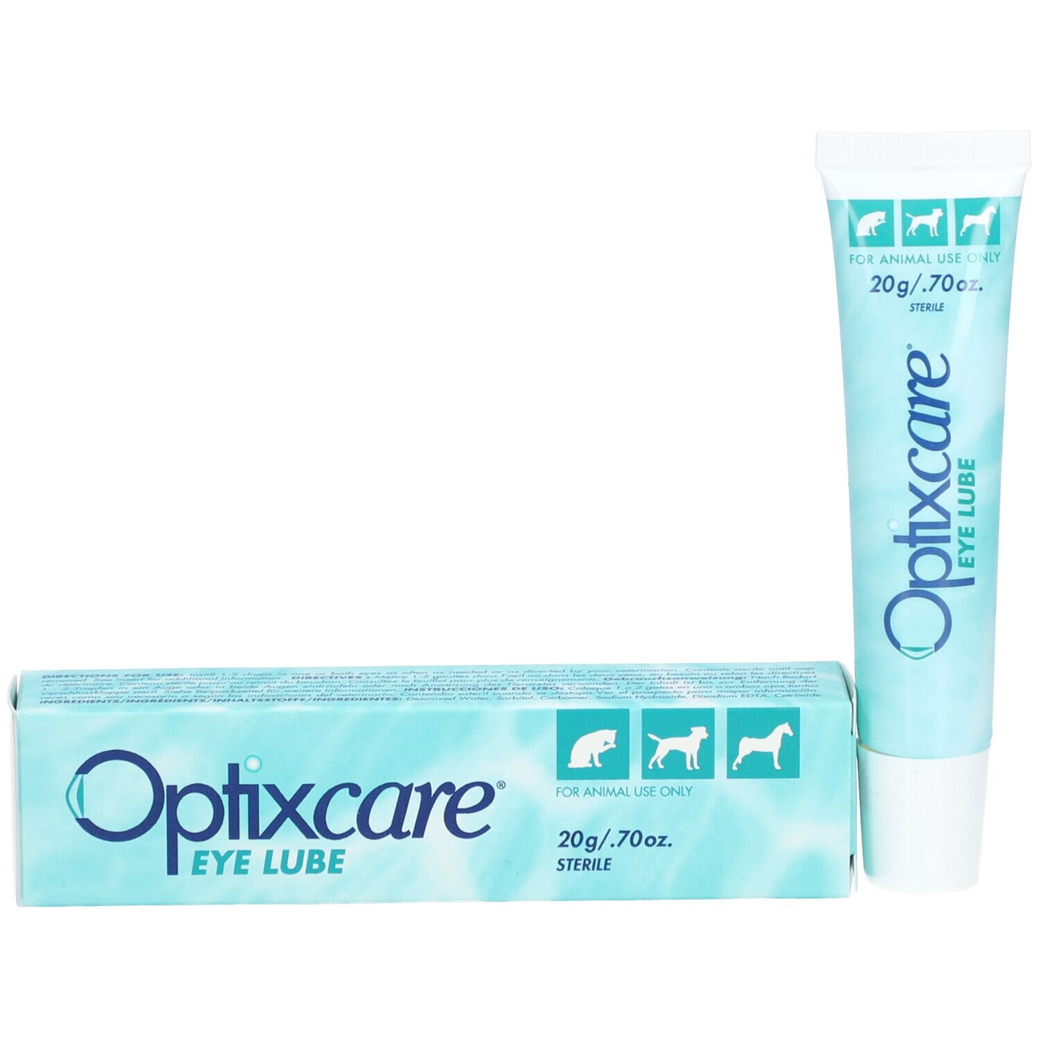 Tube et boîte Optixcare EYE LUBE. Bleu clair. Inscriptions: Optixcare, EYE LUBE, 20g/.70oz, STERILE. Pour usage animal.