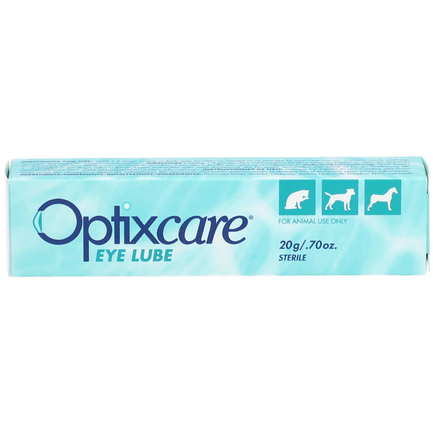 Boîte Optixcare EYE LUBE. Bleu clair. Inscriptions: Optixcare, EYE LUBE, 20g/.70oz, STERILE. Pour usage animal.