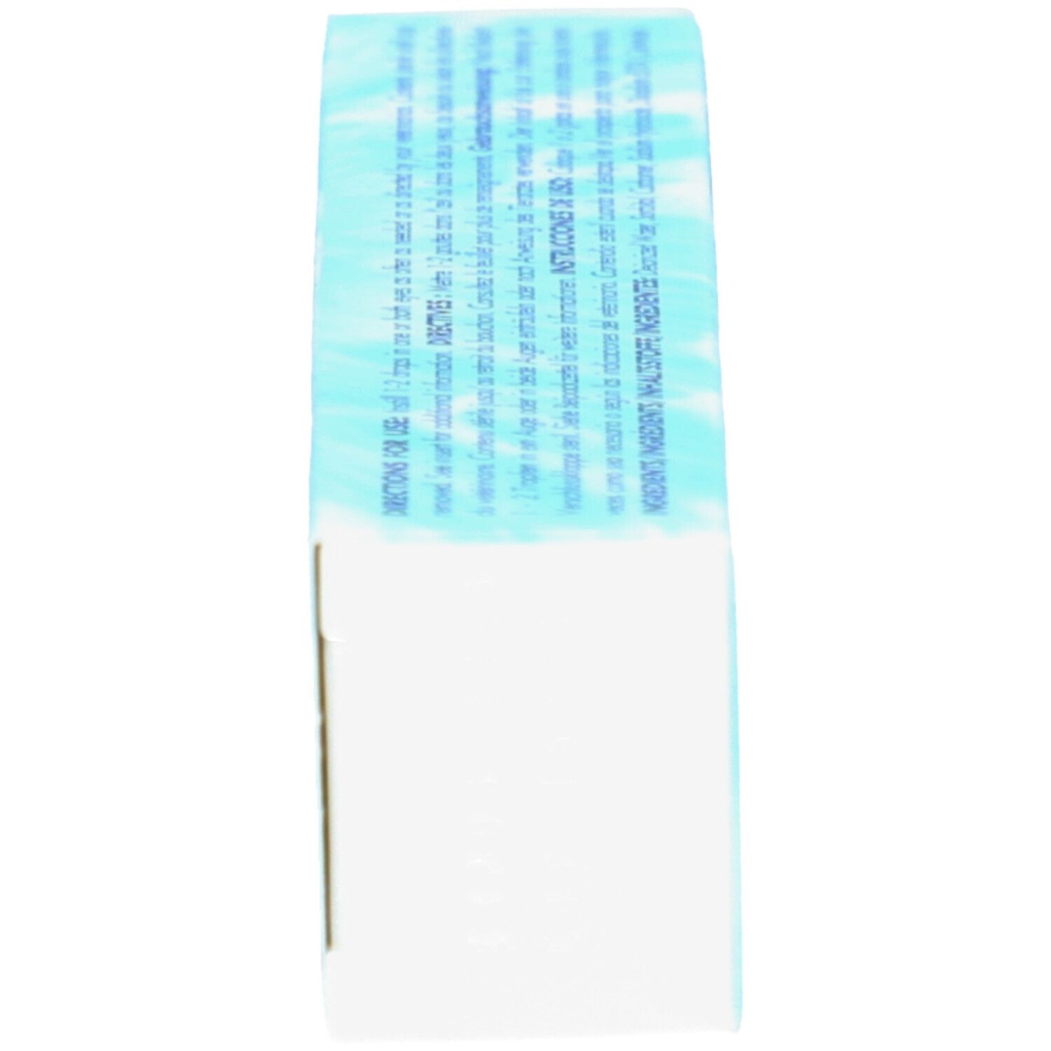 Boîte Optixcare EYE LUBE, vue latérale. Bleu clair. Texte multilingue.