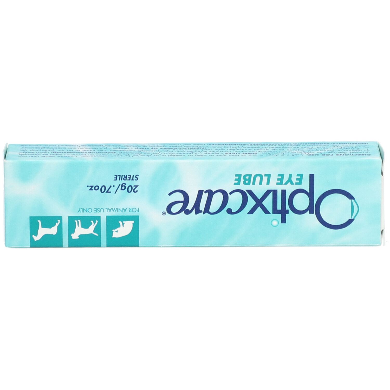 Boîte Optixcare EYE LUBE. Bleu clair. Inscriptions: Optixcare, EYE LUBE, 20g/.70oz, STERILE. Pour usage animal.