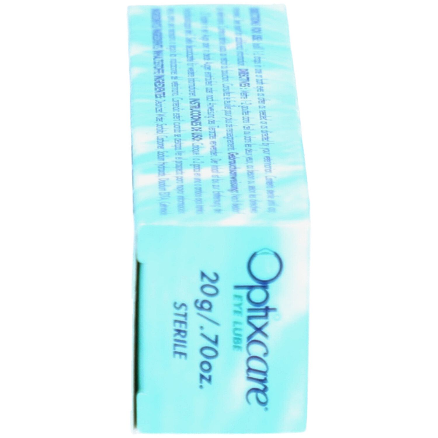 Boîte Optixcare EYE LUBE, vue latérale. Bleu clair. Inscriptions: Optixcare, EYE LUBE, 20g/.70oz, STERILE.