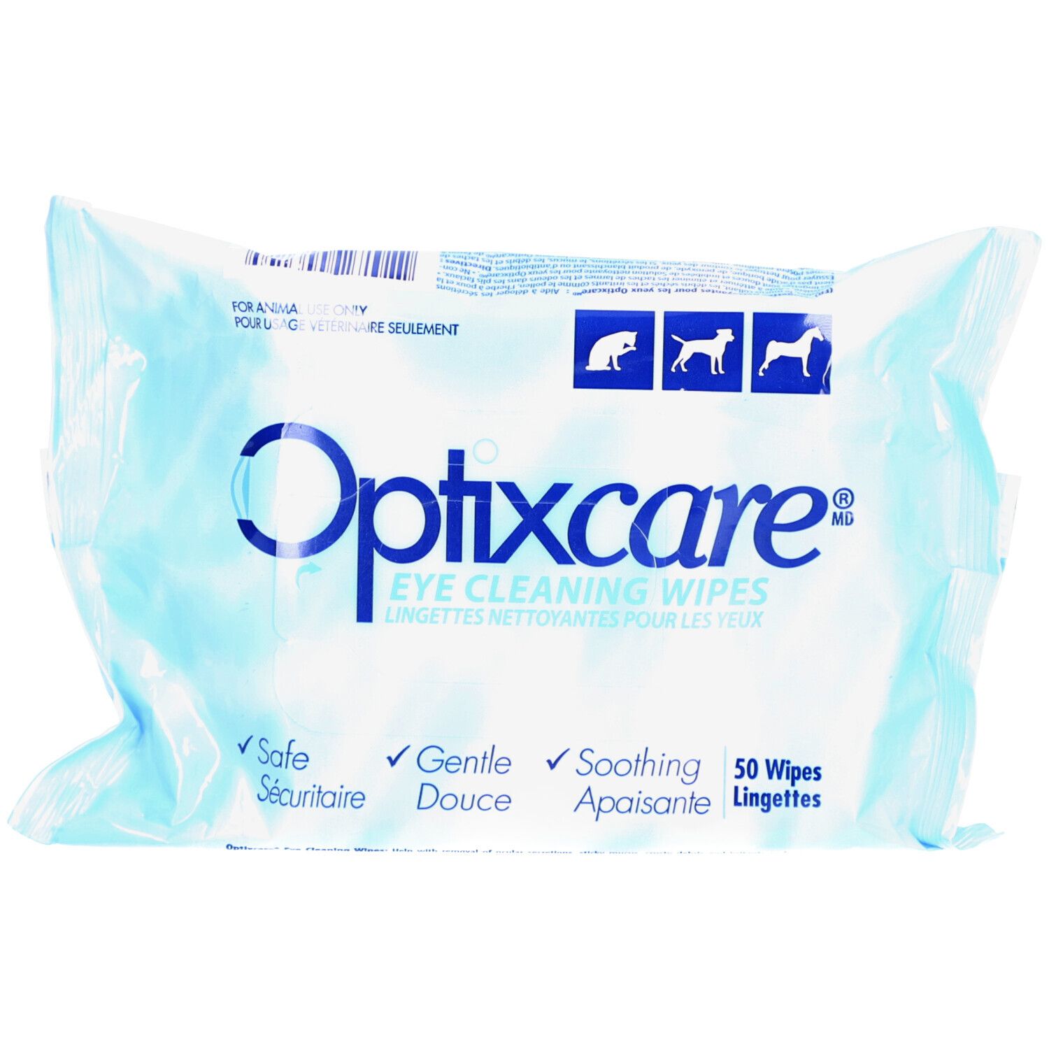 Lingettes nettoyantes pour les yeux Optixcare®. Emballage bleu avec logo et icônes d'animaux. Contient 50 lingettes.