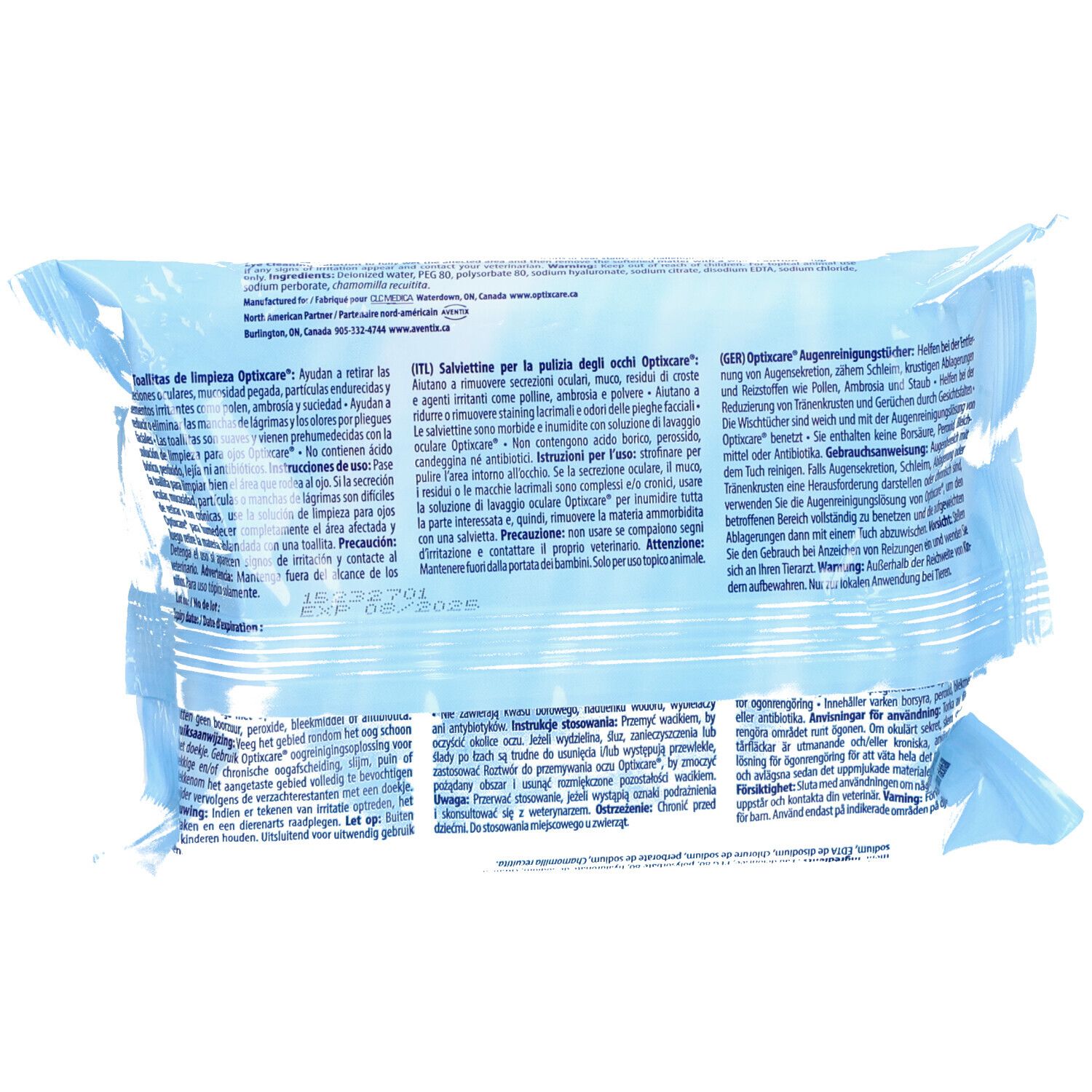 Dos de l'emballage des lingettes Optixcare®. Texte multilingue, informations fabricant et numéro de lot.