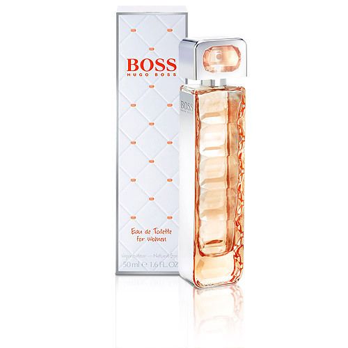 Fles en verpakking van HUGO BOSS ORANGE. Rechthoekige transparante fles, zilveren dop. Witte verpakking met oranje accenten.