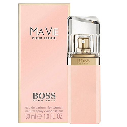 Flacon rose avec bouchon doré et boîte. Inscription: BOSS Ma Vie Pour Femme. 30 ml.