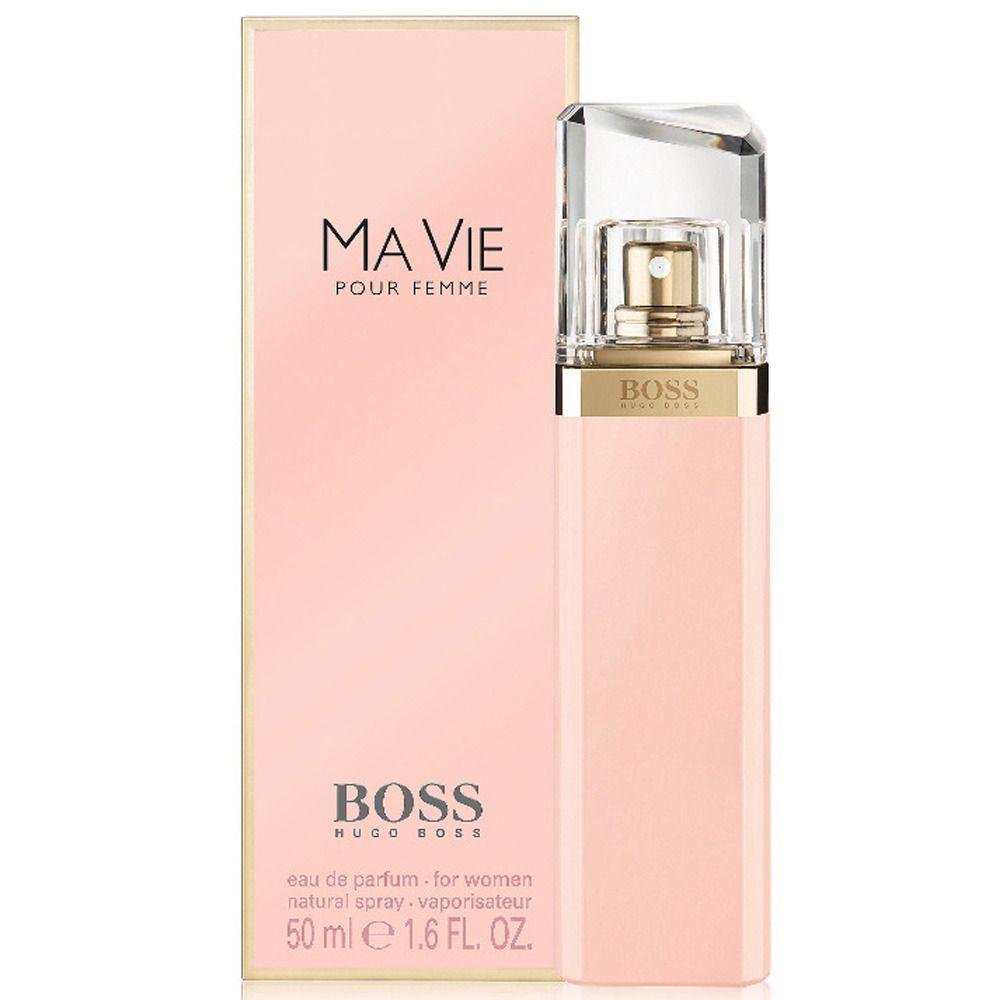 Flacon rose et emballage. Bouchon transparent, vaporisateur doré. Inscription : MA VIE POUR FEMME, BOSS.