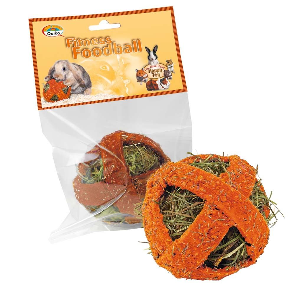 Fitness Foodball Karotte in plastic verpakking. Oranje bal gevuld met hooi. Merk Quiko.