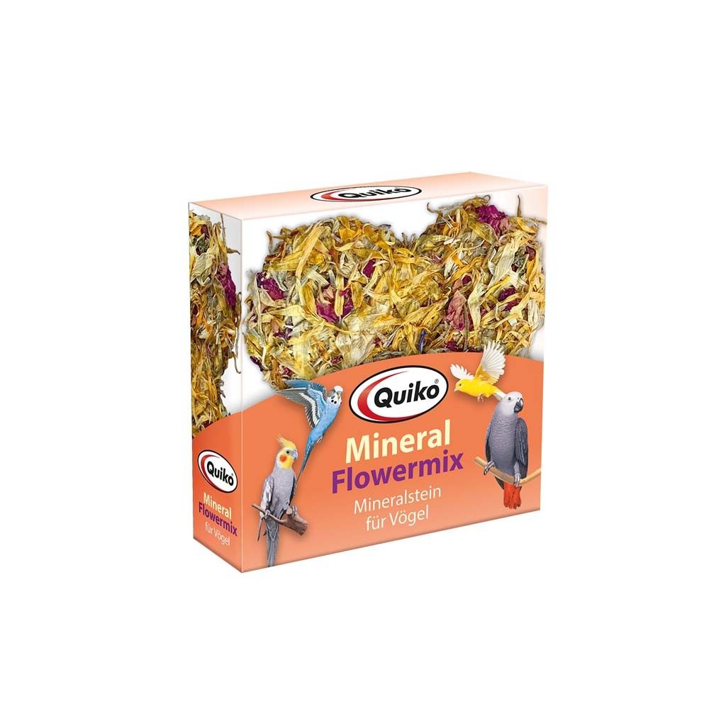 Quiko Mineral Flower-Mix. Kartonnen verpakking met bloemenmix voor vogels. Bedrukt met productnaam, logo en vogelafbeeldingen.