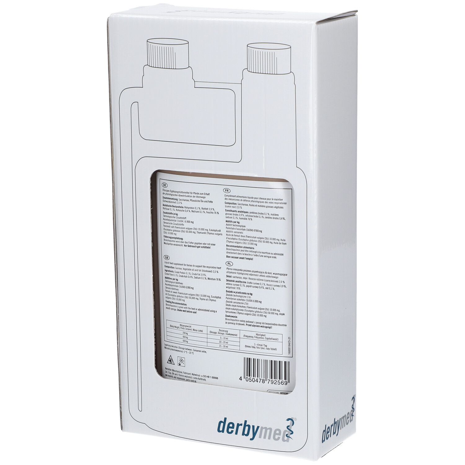 Derbymed Bronchopulmin doos. Achterkant met productinformatie en barcode.
