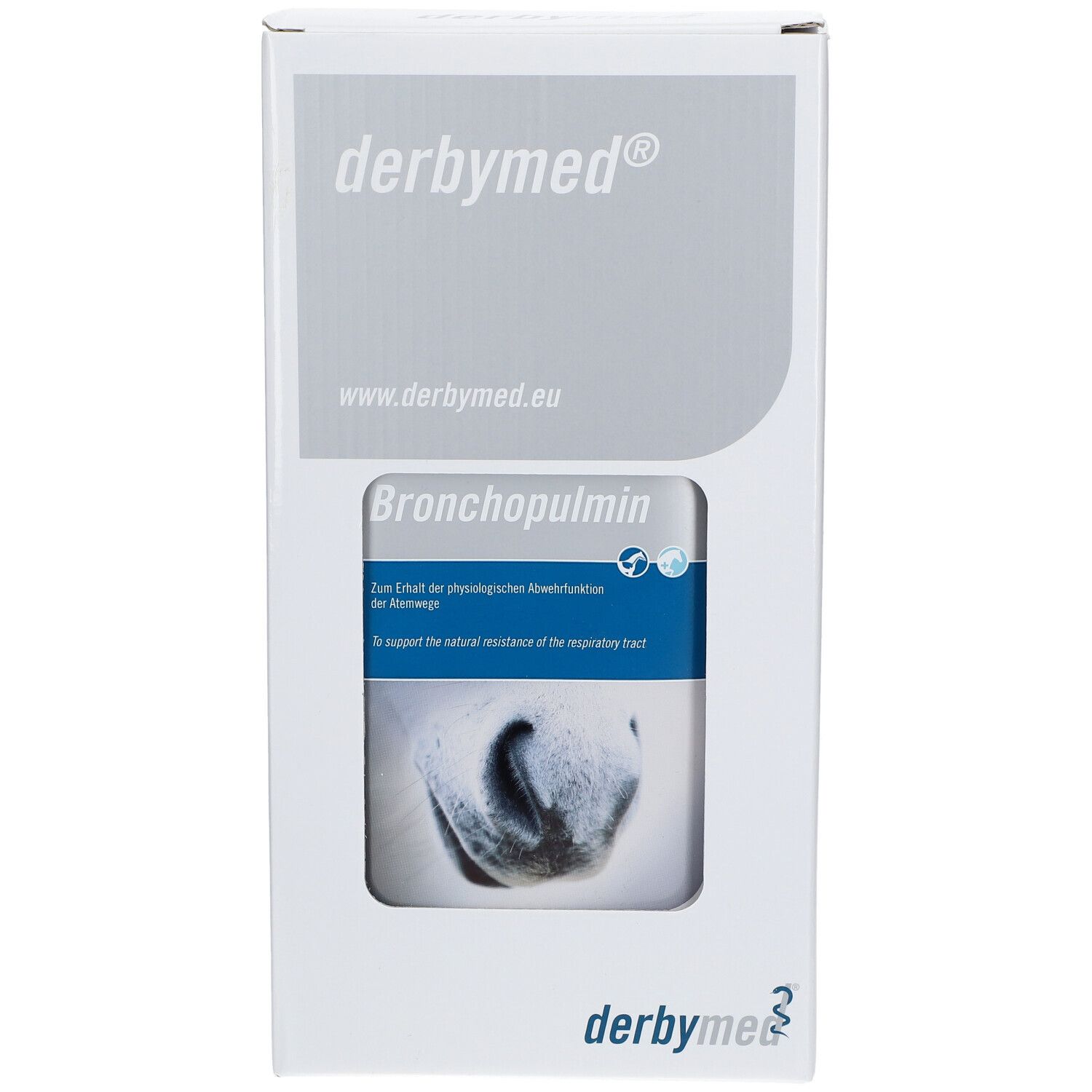 Derbymed Bronchopulmin doos. Bevat een fles ter ondersteuning van de luchtwegen.