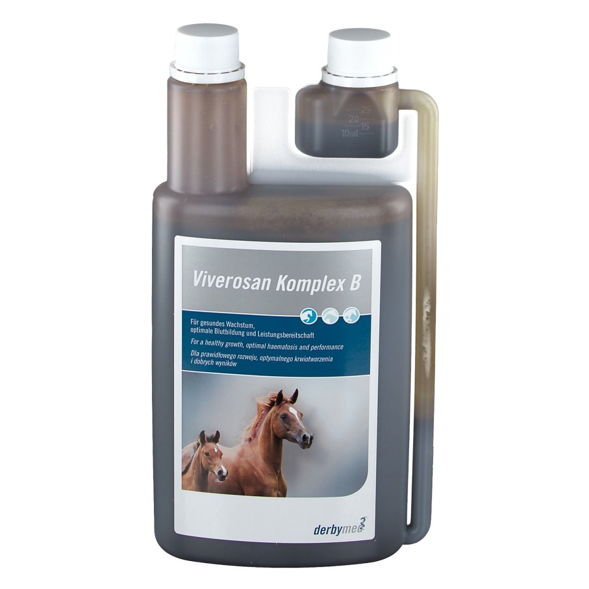 Fles Viverosan Komplex B. Bruine vloeistof, witte dop, etiket met paarden. Merk: derbymed.