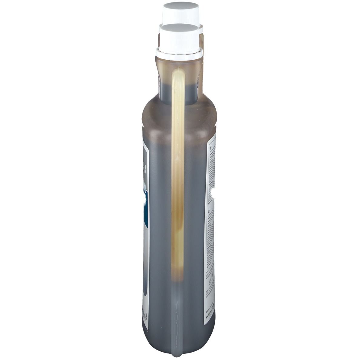 Fles Viverosan Komplex B, zijaanzicht. Bruine vloeistof, witte dop. Transparante kunststof.