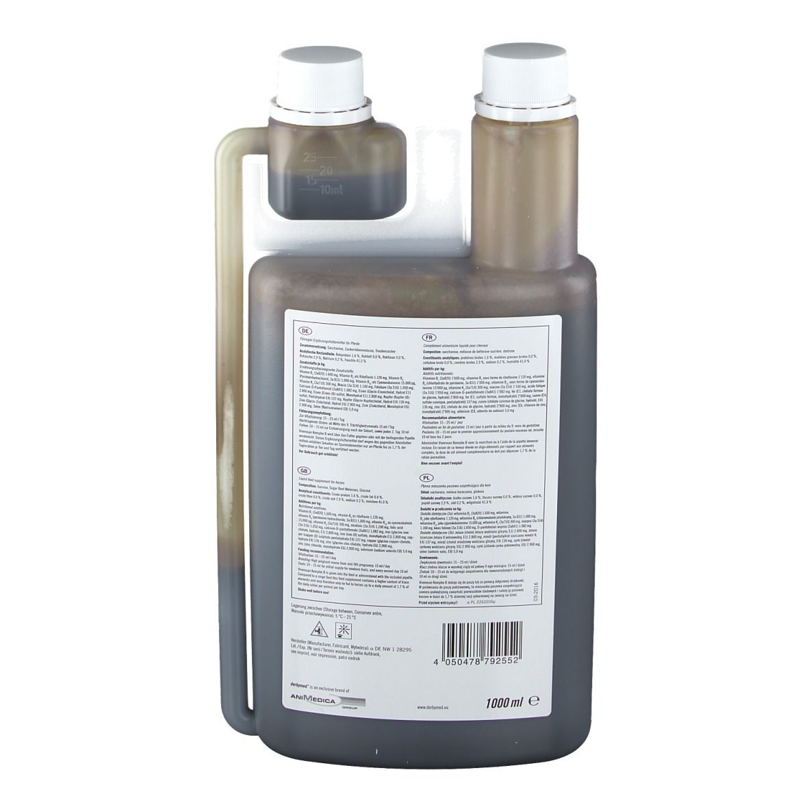 Achterkant van de fles Viverosan Komplex B. Etiket met tekst en barcode. Bruine vloeistof, witte dop.