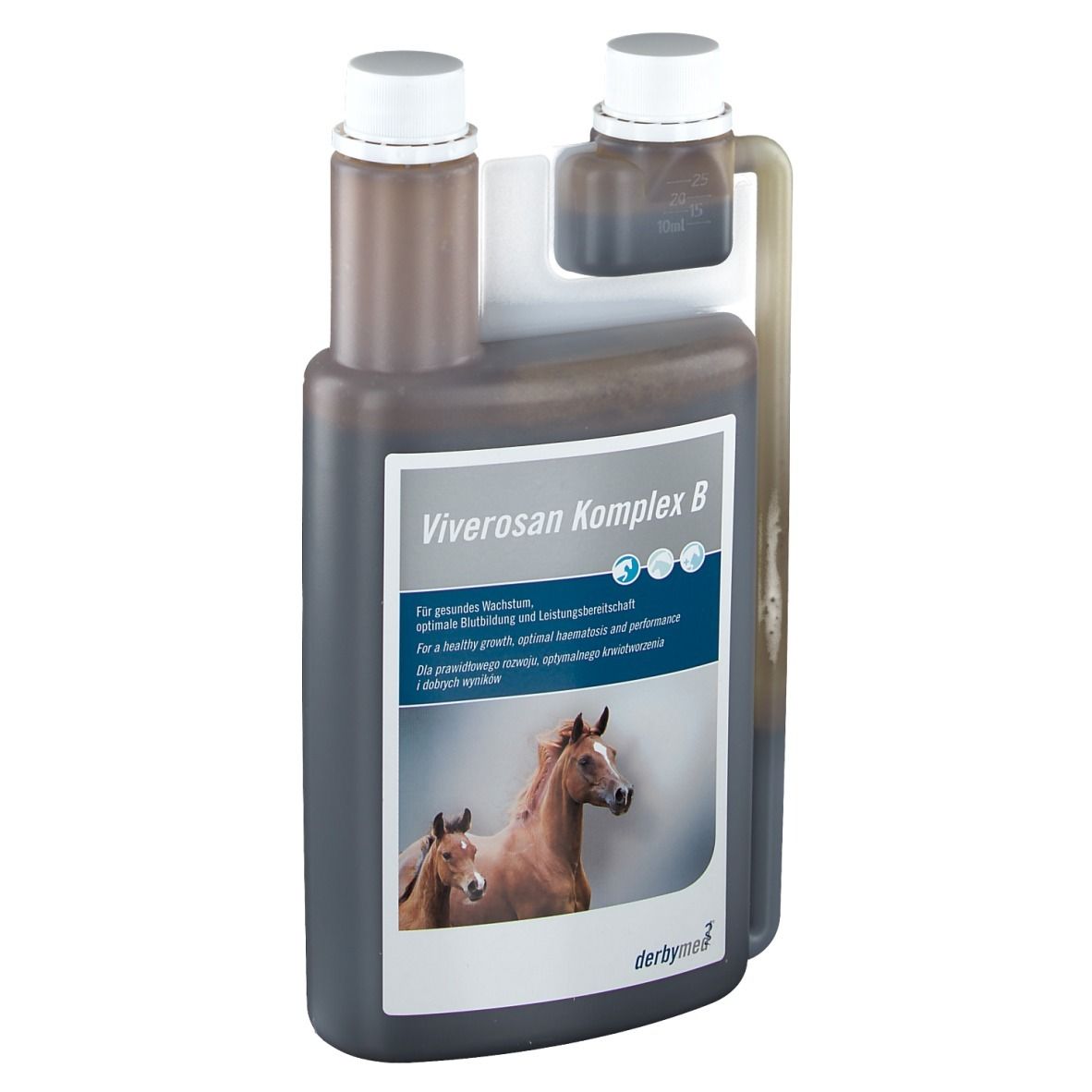 Fles Viverosan Komplex B. Bruine vloeistof, witte dop, etiket met paarden. Merk: derbymed.