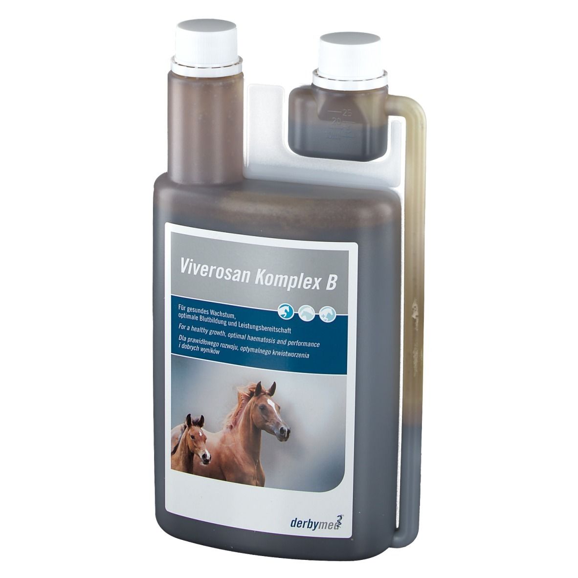 Fles Viverosan Komplex B. Bruine vloeistof, witte dop, etiket met paarden. Merk: derbymed.
