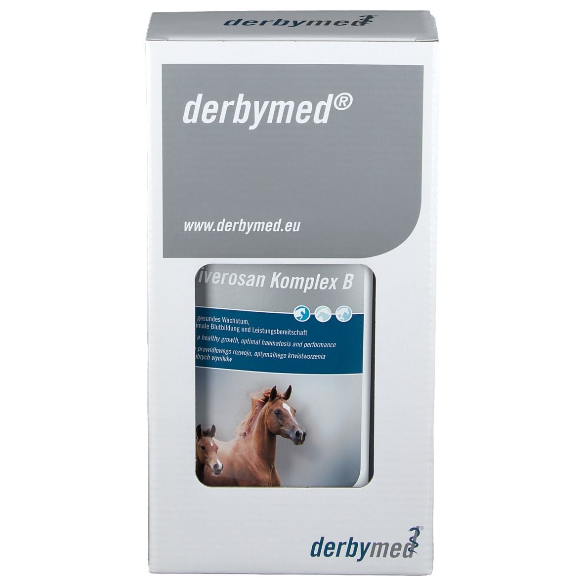 Verpakking van Viverosan Komplex B. Doos met productafbeelding en logo derbymed.