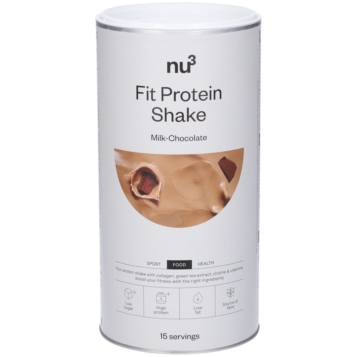 Boîte cylindrique "nu3 Fit Protein Shake", chocolat au lait. Contient 15 portions. Inscriptions : Sport, Food, Health.