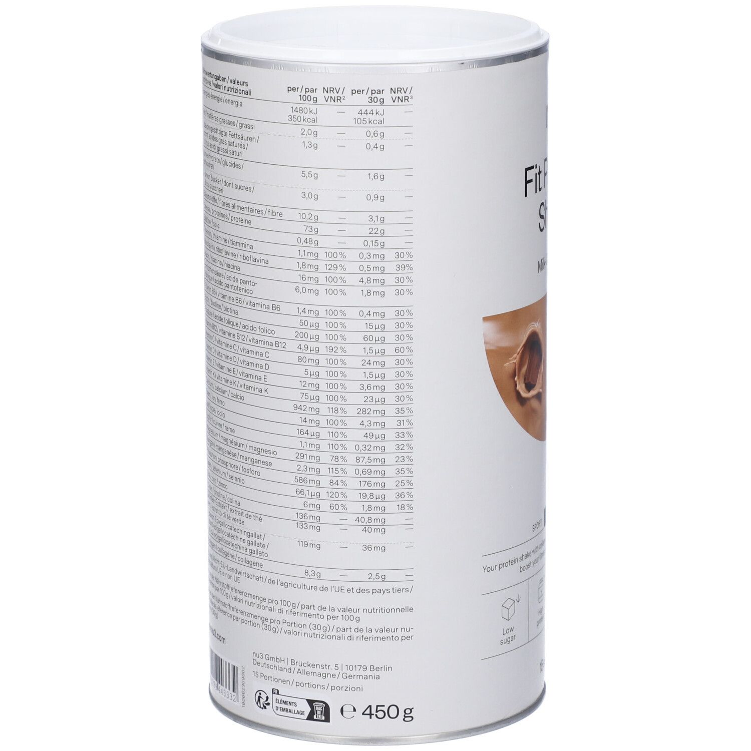 Dos de la boîte "nu3 Fit Protein Shake". Contient des informations nutritionnelles et des ingrédients. Marque : nu3. Poids : 450g.