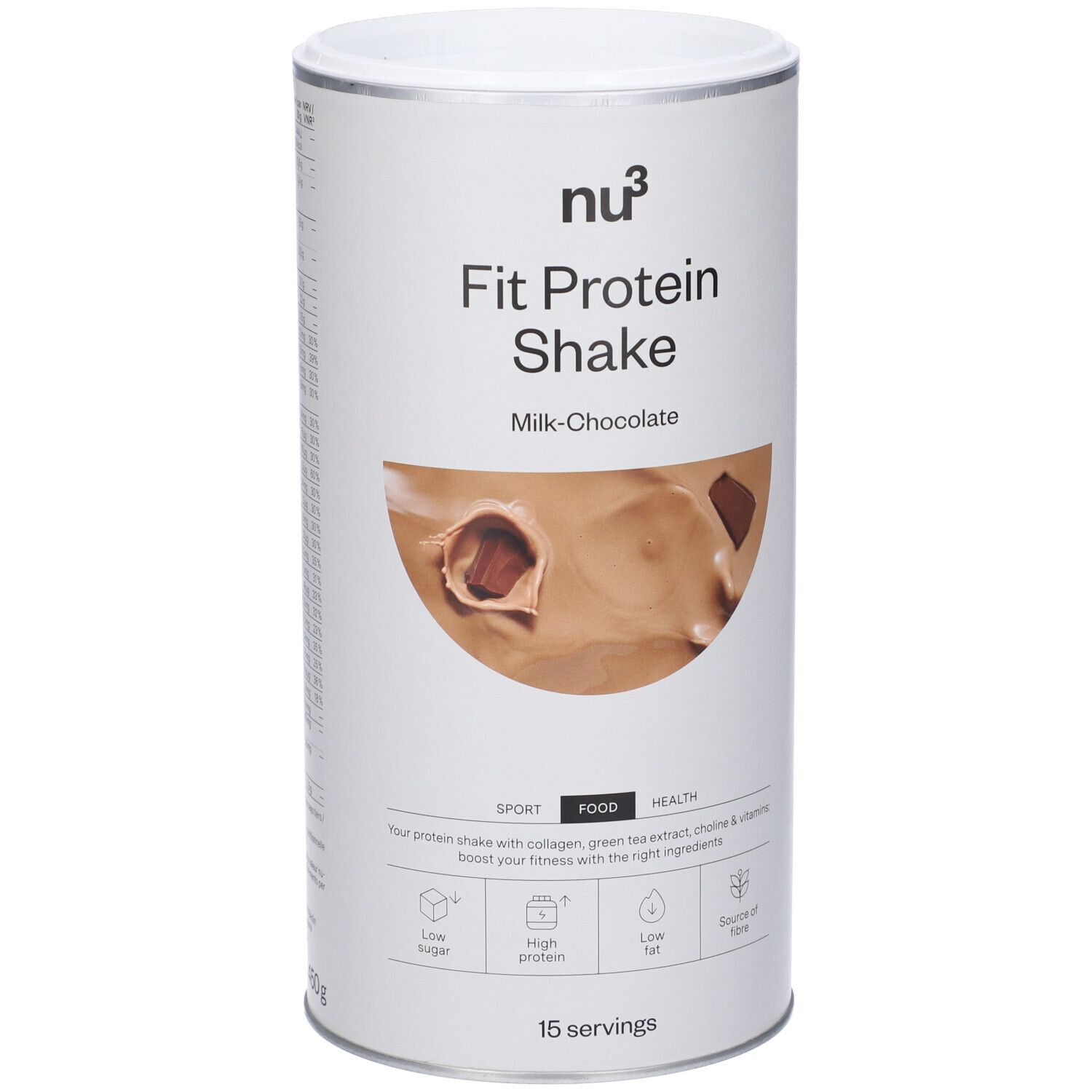 Boîte cylindrique "nu3 Fit Protein Shake", chocolat au lait. Contient 15 portions. Inscriptions : Sport, Food, Health.