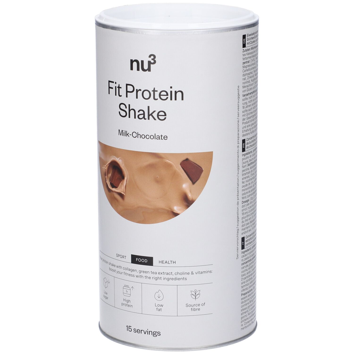 Boîte cylindrique "nu3 Fit Protein Shake", chocolat au lait. Contient 15 portions. Inscriptions : Sport, Food, Health.