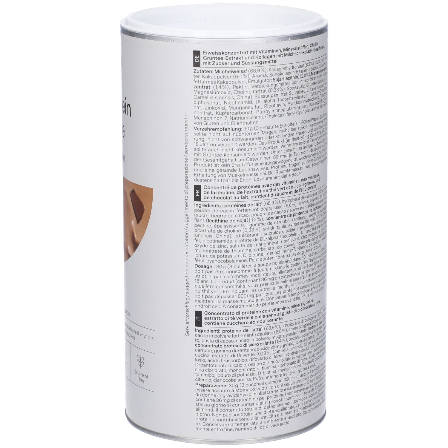 Dos de la boîte "nu3 Fit Protein Shake". Contient des informations nutritionnelles et des ingrédients. Marque : nu3. Poids : 450g.