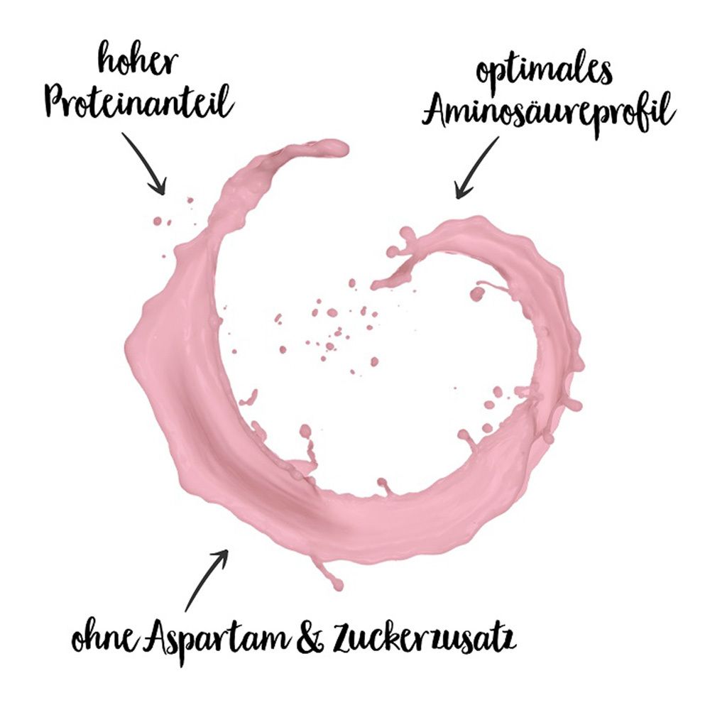 Éclaboussure de liquide rose en forme de cœur. Inscription : haute teneur en protéines, profil optimal d'acides aminés, sans aspartame et sans sucre ajouté.