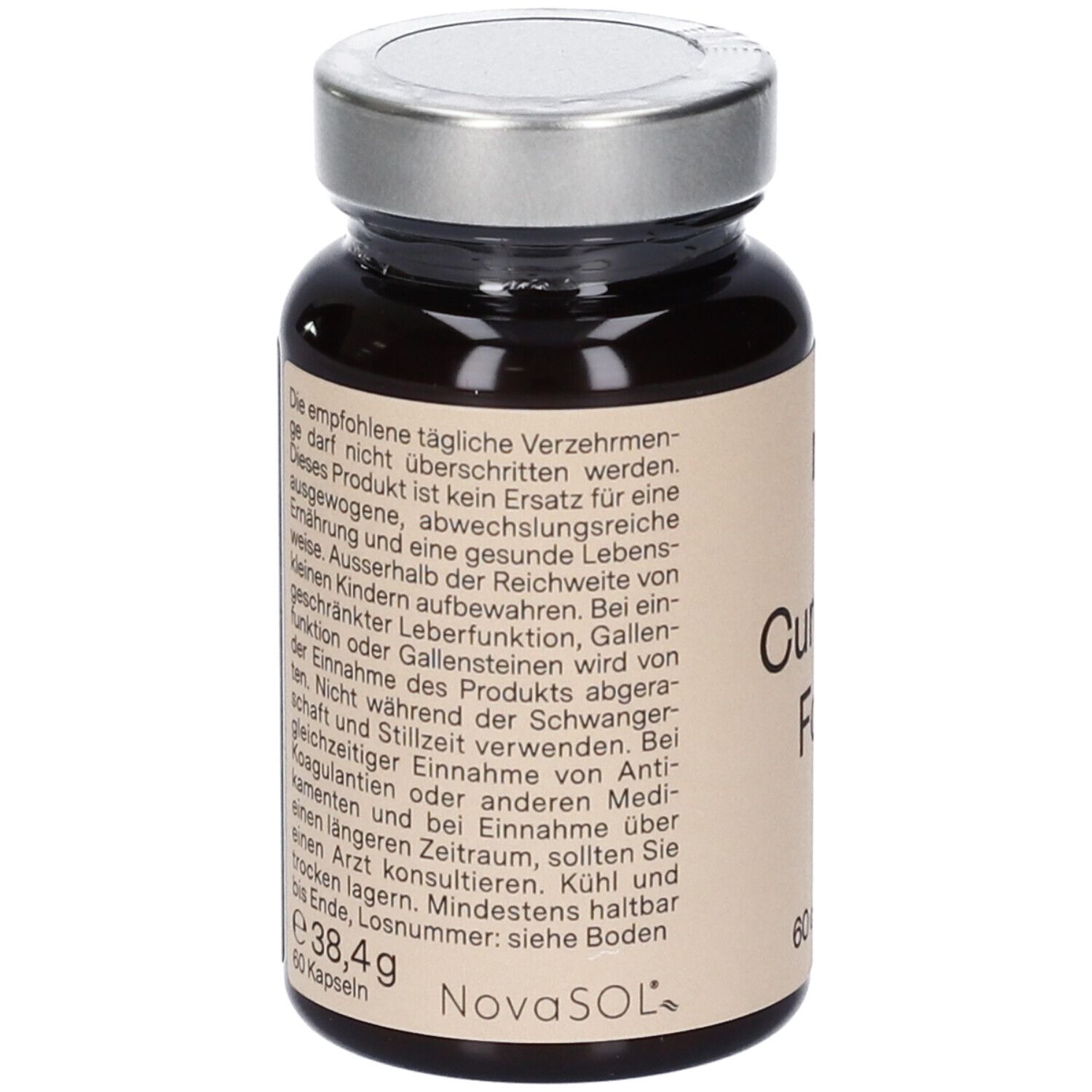 Flacon en verre brun avec capsules. Inscription : nu3 Curcuma Forte, 60 capsules. Texte au dos. Couvercle argenté.