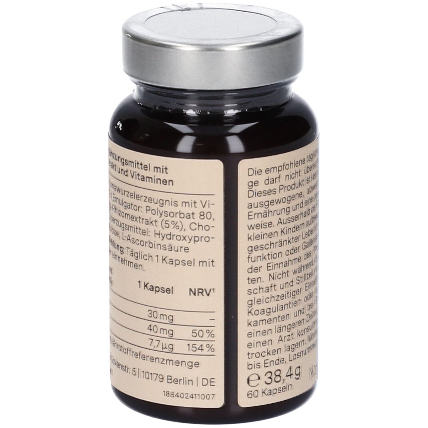 Flacon en verre brun avec capsules. Inscription : nu3 Curcuma Forte, 60 capsules. Texte et valeurs nutritionnelles au dos. Couvercle argenté.