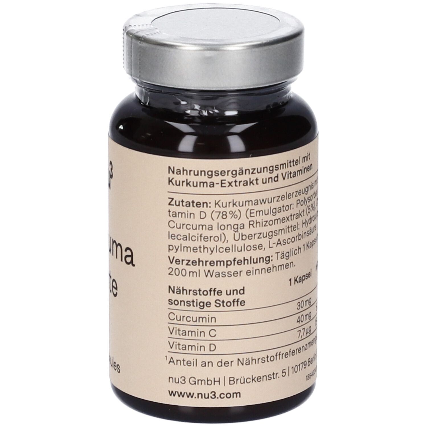 Flacon en verre brun avec capsules. Inscription : nu3 Curcuma Forte, 60 capsules. Texte et valeurs nutritionnelles au dos. Couvercle argenté.