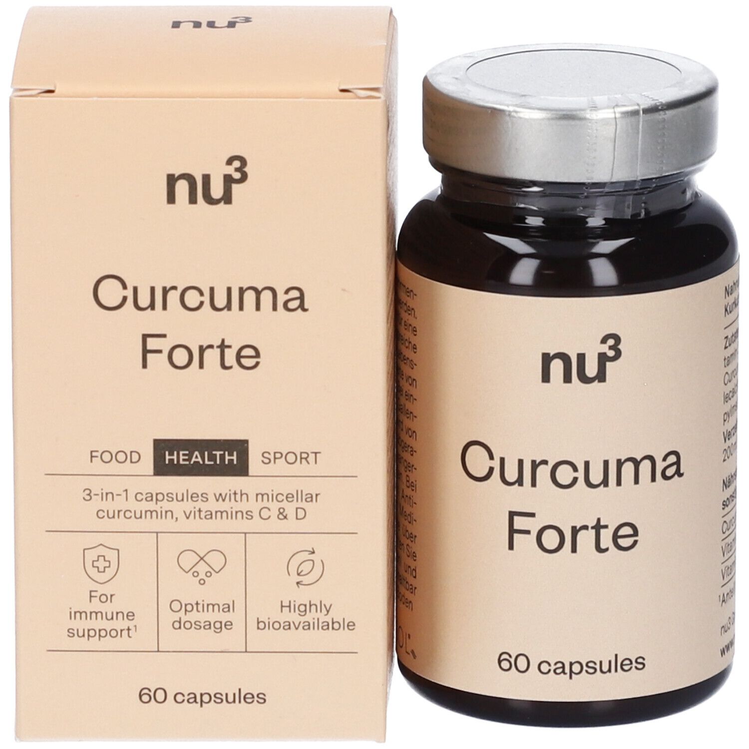 Emballage et flacon de capsules. Inscription : nu3 Curcuma Forte, 60 capsules. Boîte avec texte et logos.