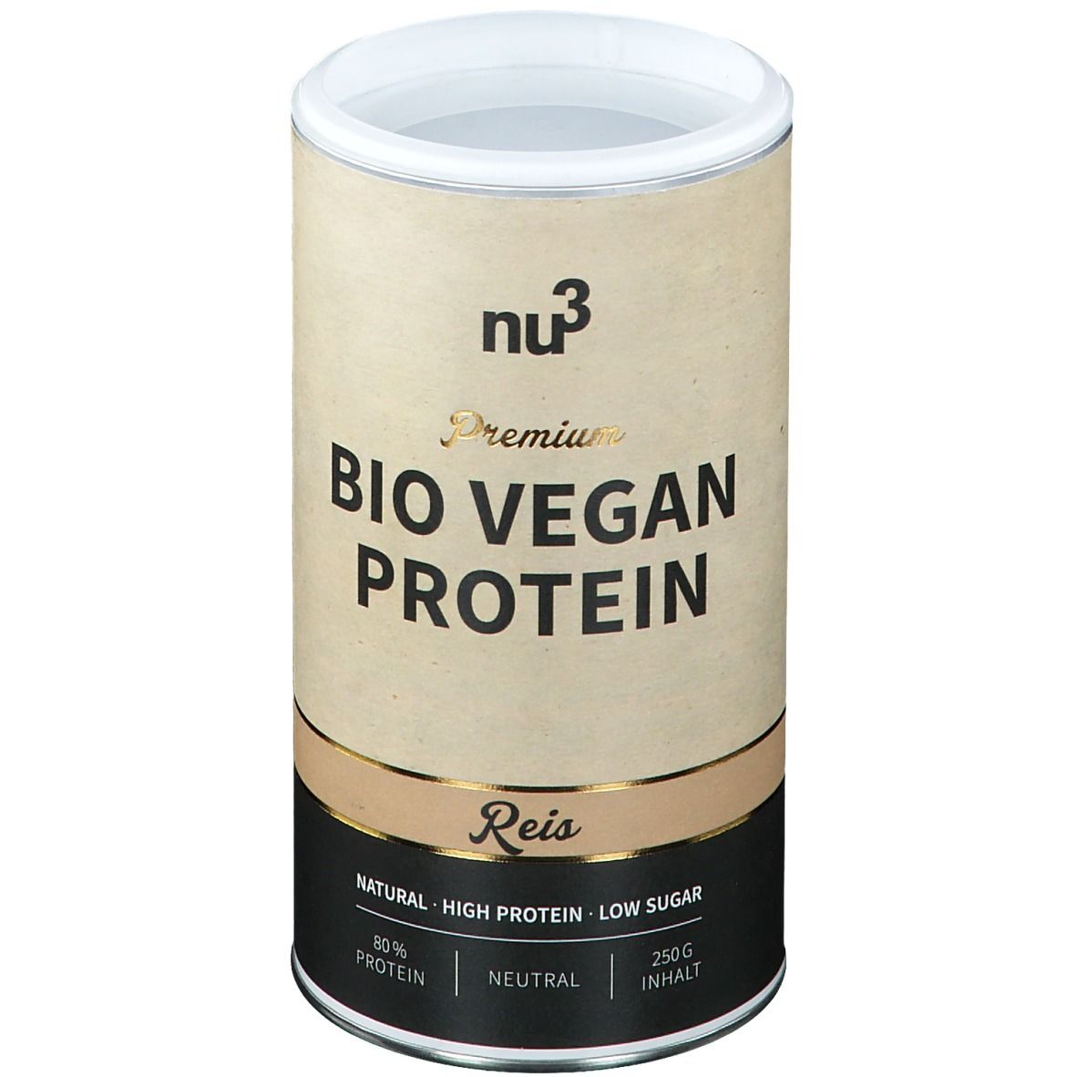 Cilindrische pot "nu3 Premium Bio Vegan Protein". Opschrift: Reis, 80% eiwit, Natural, Low Sugar, 250g.