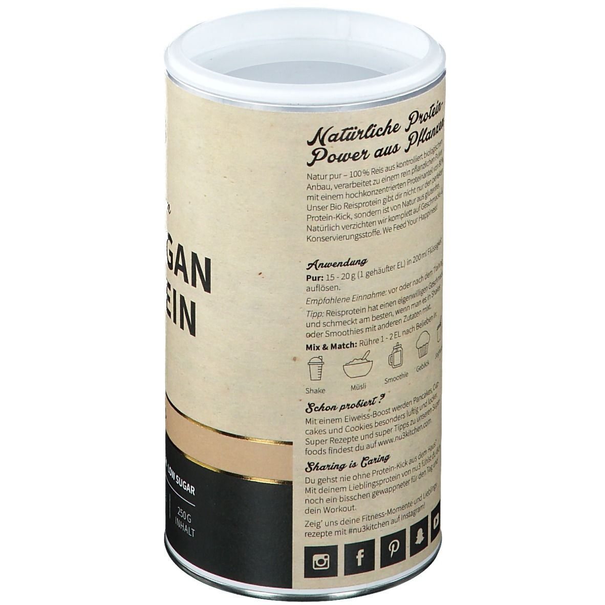 Pot "nu3 Premium Bio Vegan Protein" met tekst: Natuurlijke eiwitkracht uit planten. Gebruik, voedingstabel, Mix & Match.