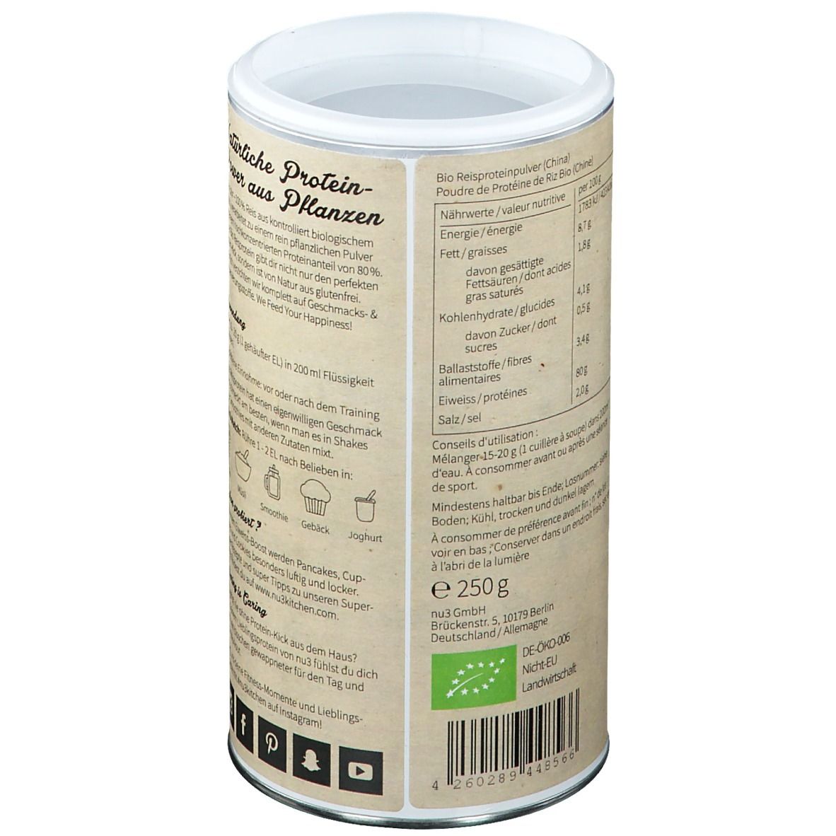 Achterkant van de pot "nu3 Premium Bio Vegan Protein". Voedingstabel, gebruiksaanwijzing, bio-keurmerk, 250g inhoud.