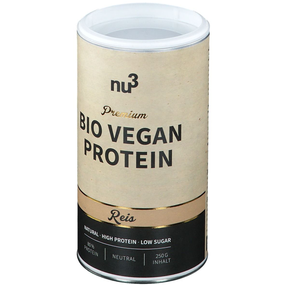 Cilindrische pot "nu3 Premium Bio Vegan Protein". Opschrift: Reis, 80% eiwit, Natural, Low Sugar, 250g.