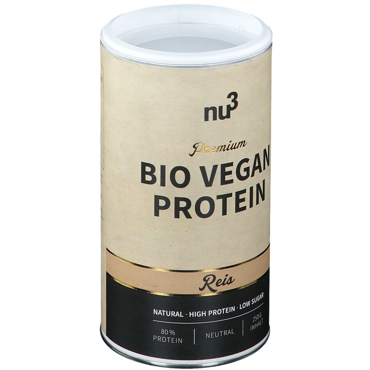 Cilindrische pot "nu3 Premium Bio Vegan Protein". Opschrift: Reis, 80% eiwit, Natural, Low Sugar, 250g.
