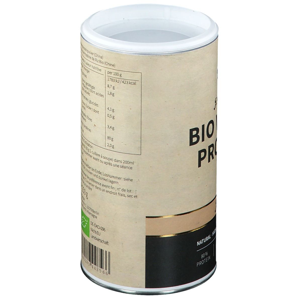 Achterkant van de pot "nu3 Premium Bio Vegan Protein". Voedingstabel, gebruiksaanwijzing, bio-keurmerk, 250g inhoud.