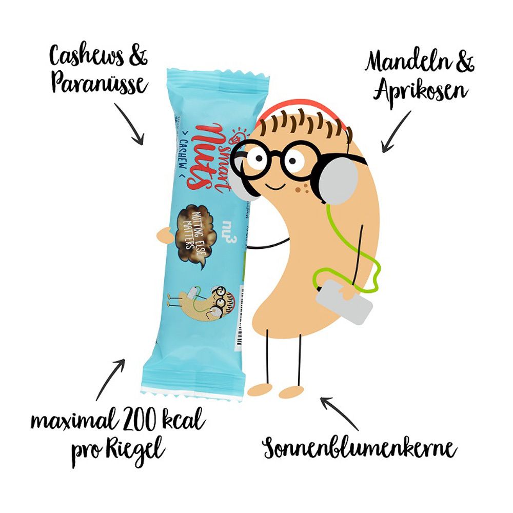 Personnage de dessin animé avec une barre. Inscription : smart Nuts, Cashew. Flèches pointant vers les noix de cajou, les graines de tournesol, les amandes et les abricots.