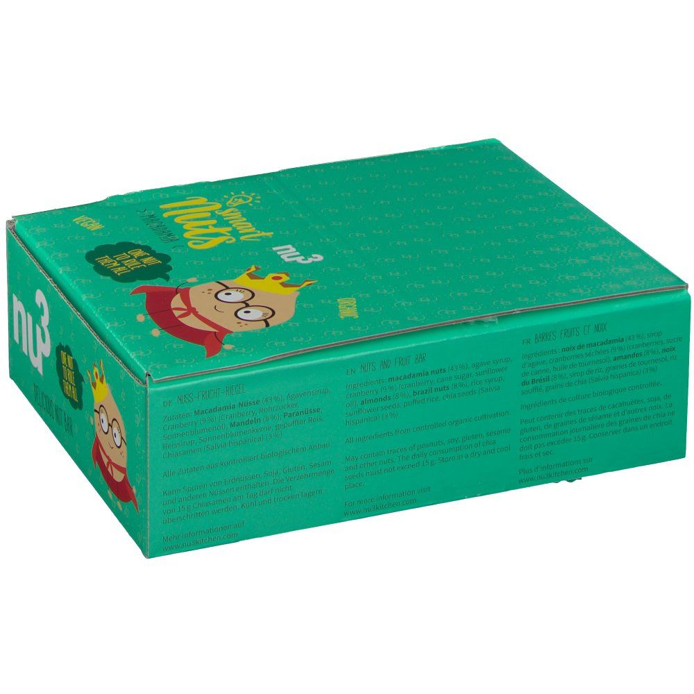 Emballage vert de nu3 Bio Smart Nuts. Impression avec nom du produit et personnage de dessin animé.