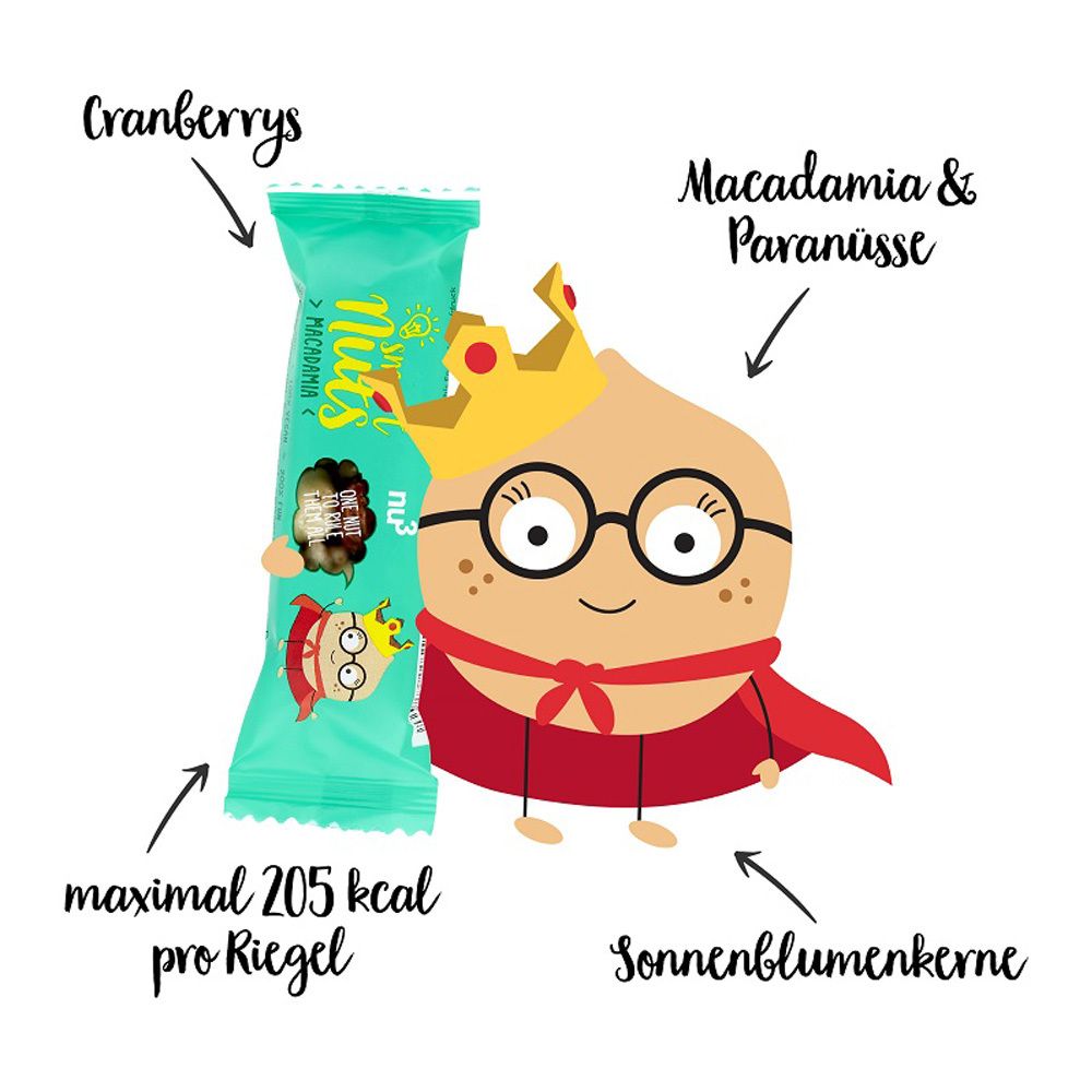 Illustration de dessin animé avec barre, macadamia et noix du Brésil, canneberges et graines de tournesol. Texte : maximum 205 kcal par barre.